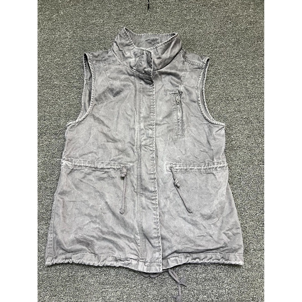 Per Se Utility Vest Women's L Gray Drawcord Hem Pockets Sleeveless Full Zipper